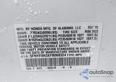 2015 Honda Pilot Se из США, поврежденный, VIN 5FNYF4H3XFB068324